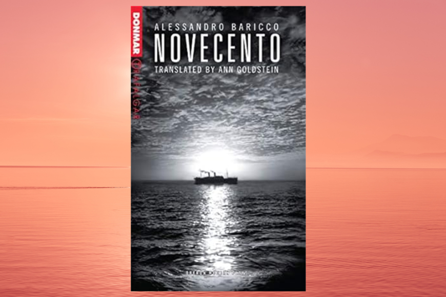 Book cover shows a black and white photo of an ocean liner in the distance on an open ocean. The water is calm, the sun is low and bright in the sky, puffy clouds stretch to the horizon..